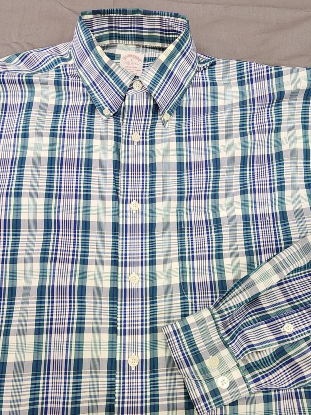 Brooks Brothers Madison Shirt Mens L Blue Green Plaid Non Iron Supima Cotton